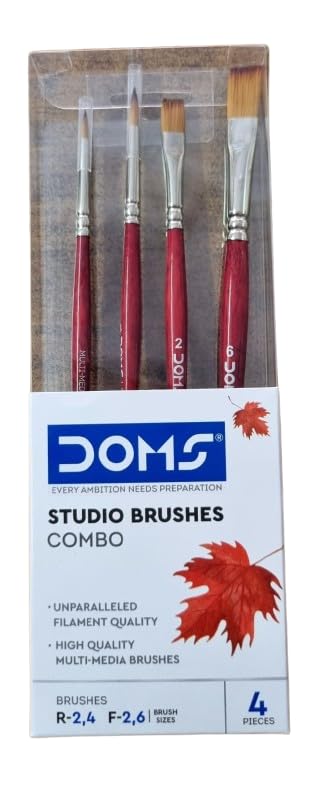 DOMS Studio Flat & Round Brushes Set of 4 Combo(No. R-2, 4, F-2,6) Unparalleled Filament Multi Media Brushes for Artists & Professionals