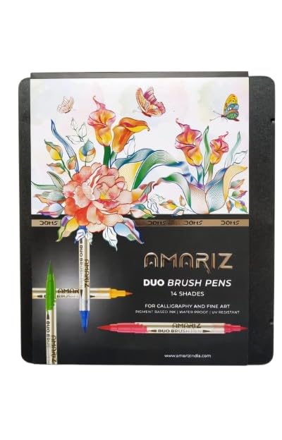 Doms Amariz Duo Brush Pens 14 Shades| Nylon Brush Tip & Fine Tip in 1 Brush Pen| For Calligraphy & Fine Art| Pigment Based Ink, Water Proof, UV Resistant| Premium Metal Box Packing|