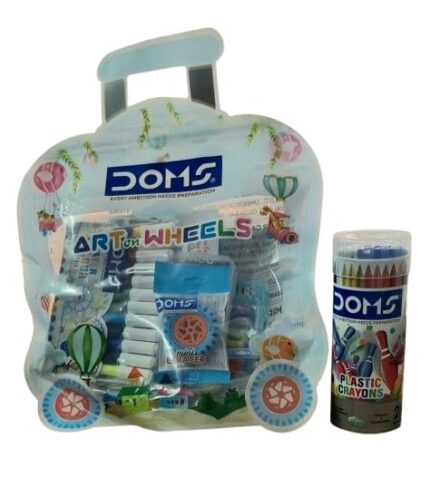Doms Art On Wheels Assorted Stationery Items Kit+Plastic Crayons 28 Shades Round Tin Gift Pack Combo| Easy to Carry| A Fine Birthday Gift for Children