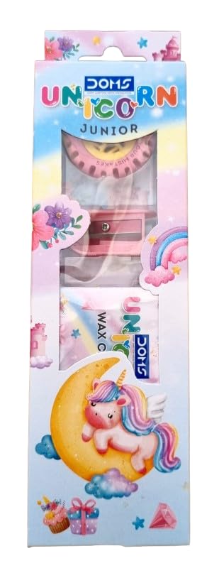 Doms Unicorn Junior Stationery Kit| Includes 1 Wax Crayons Pack (10 Assorted Shades), 2 Extra Dark Wooden Pencils, 1 Eraser & 1 Long Point Pencil Sharpener| A Birthday Gift For Children| Pack of 5