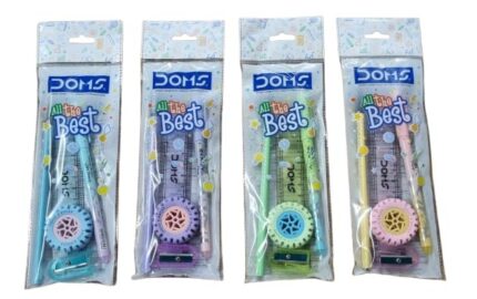 Doms All The Best Stationery Kit| Includes 1 Each- Inxify Plus Ballpen Blue Ink, 15 Cm. Scale, Triangle Pencil, Long Point Sharpener & Tyre Eraser| Exam Essential Kit For Children| Pack of 10