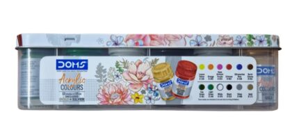 Doms Acrylic Colours 12 Shades Kit15ml| Includes Gold & Silver With 2 Brushes Included in the Box| DIY Paint Rich Pigment Paint For Canvas Wood Metal Leather|