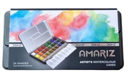 AMARIZ Doms Artist's Water Colour Cakes 24 Shades| Rich & Vibrant Shades| Specially Designed Metal Box| Free Artist Quality Paint Brush Inside| L-17mm, W-17mm, H-6.5mm| A Gift for Your Loved Ones