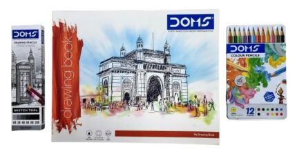 Doms Drawing Shading Pencils Set-HB,2B,4B,6B,8B,10B| Hi-Precision for Sketching| + 12 Shades Colour Pencils Tin Box + 36 Pages Drawing Book (27.5 x 34.7 Cm.) Combo Value Pack| for Students & Artists