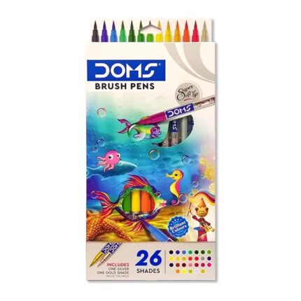 Doms Brush Pen Box Pack | Flexible & Soft Tip That Gives Water Color Effect | Includes One Silver & Gold Shade Inside | Lightweight Brush Pens For Kids | Set Of 26 Shades