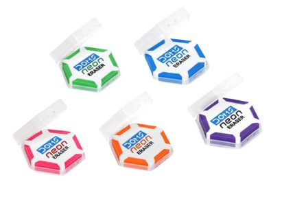 Doms Neon Eraser Box Pack | Hexagonal Eye Catching Design | Neat & Dust Free Erasing | Playful Body Colors | Plastic Case For Each Eraser | Pack of 30 Erasers
