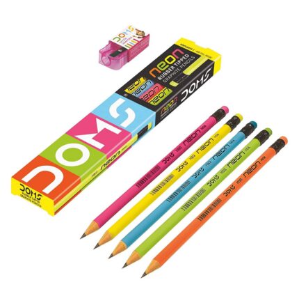 DOMS Neon Wooden Pencils School Stationary Rubber Tipped Graphite for Kids, Boys & Girls Pack of 30