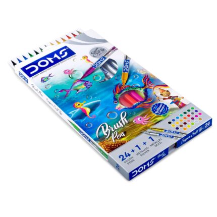 DOMS Brush Pen Box Pack | Flexible & Soft Tip That Gives Water Color Effect | Includes One Silver & Gold Shade Inside | Lightweight Brush Pens For Kids | Set Of 26 Shades